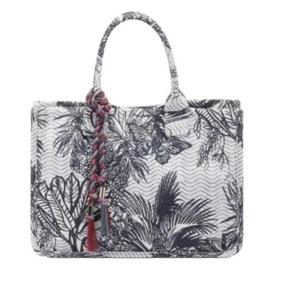 Vince Camuto Orla Canvas Tote Bag featuring a navy and white tropical palm